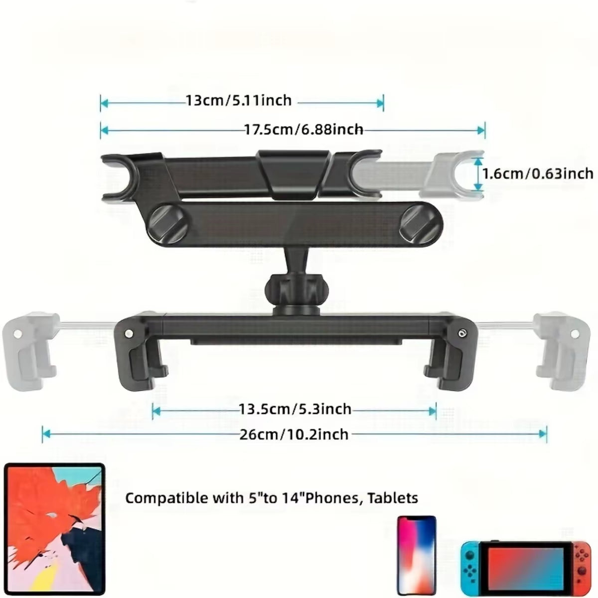Universal Car Headrest Tablet Mount for Ipads, and Cell Phones - Hands-Free Entertainment for Backseat Passengers